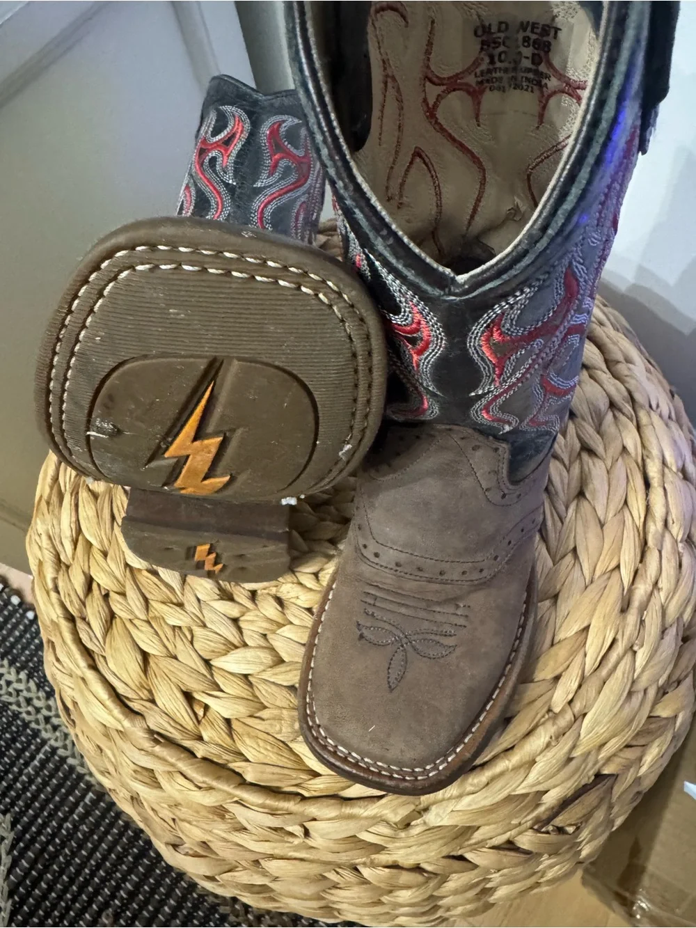 Kids Brown Cowboy Boots with Red & Blue Stitching